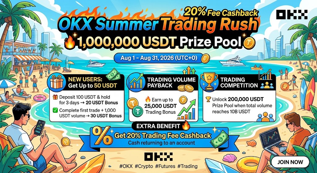 Crypto_Rebate_X's tweet photo. OKX Summer Trading Rush + 20% Fee Cashback 

 ⭐️1,000,000 USDT Prize Pool⭐️

📅Campaign Period
Aug 1 - Aug 31, 2026 (UTC+0)

🎁New Users Get Up to 50 USDT
✅Deposit 100 USDT & hold for 3 days → 20 USDT Bonus
✅Complete first trade + 1,000 USDT volume → 30 USDT Bonus

🟨Trading Volume Payback
🟨Earn up to 25,000 USDT Trading Bonus
🟨Trading Competition
Unlock 200,000 USDT Prize Pool when total volume reaches 10B USDT
🟨Get 20% Trading Fee Cashback

🔽Join OKX Summer Trading Rush🔽
【 20% fee rebate 】
https://t.co/HEvlJk4b8S

#Crypto #Futures #Trading