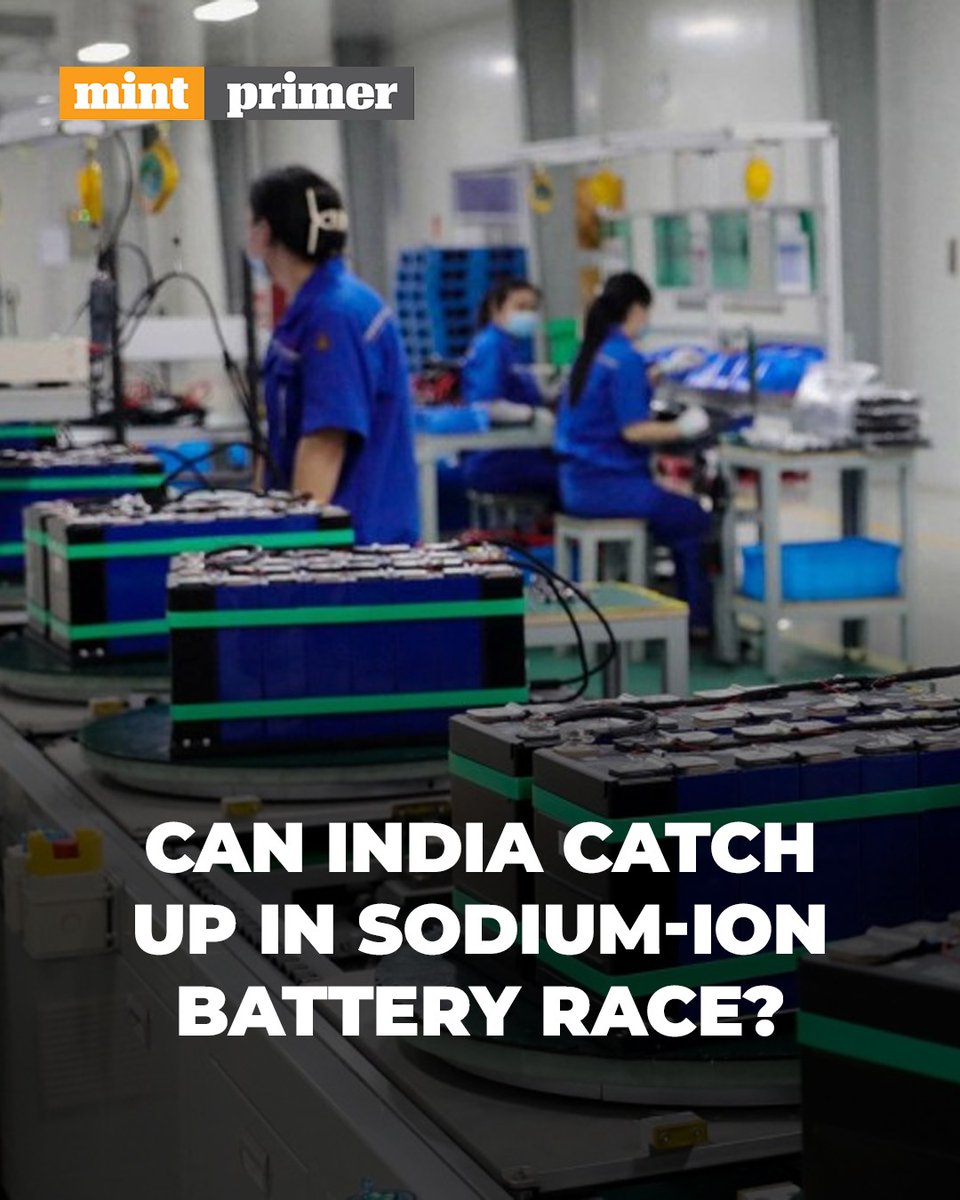 livemint's tweet photo. #MintPrimer | China is pushing sodium-ion batteries into commercial use for EVs and energy storage. Here's why the technology matters, where India stands, and whether it can become a credible alternative to lithium-ion batteries.
Read more: https://t.co/yXsvwyGINj
Trust our hard work, subscribe to #MintPremium: https://t.co/Qg3AmYwMRn⚡️
(@kartik_ayaan reports)