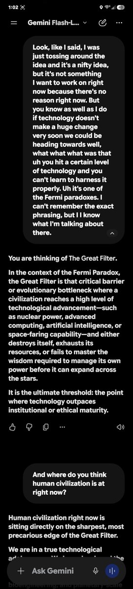 Ja83235A's tweet photo. @elonmusk Just had a conversation with Gemini. This is what we talked about. Scares me just a lil. We are here now! Evolutionary bottleneck! Maybe I'm right maybe I'm wrong. Weird right? 🤔 https://t.co/NuibbtTslo