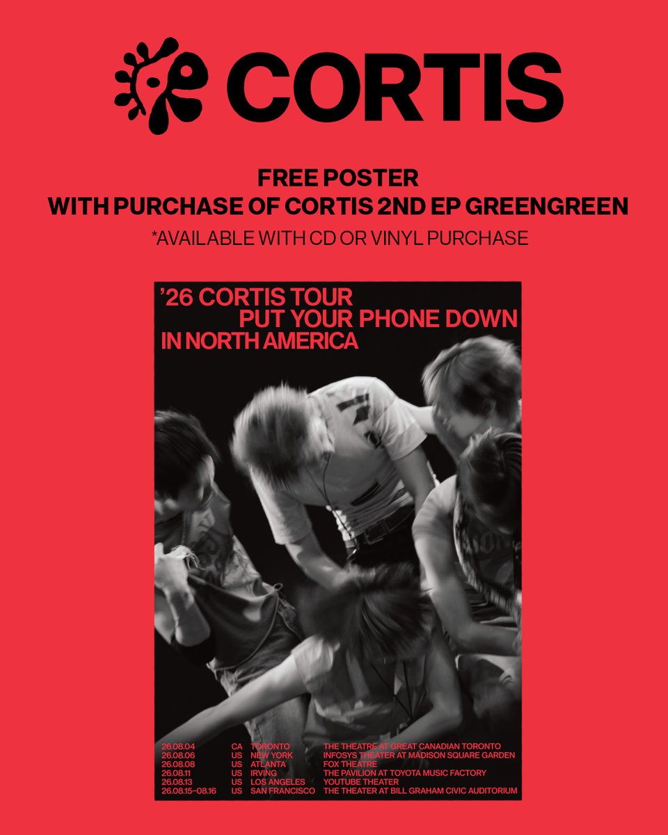 cortis_bighit's tweet photo. Calling all US COER! To celebrate the 2026 CORTIS TOUR <PUT YOUR PHONE DOWN>, participating indie record stores will have tour posters available. Don't miss your chance to grab one while supplies last! 🔥

* Poster availability and quantities may vary by store. 

#CORTIS #코르티스 #CORTIS_TOUR
#PUTYOURPHONEDOWN #PYPD_IN_NA