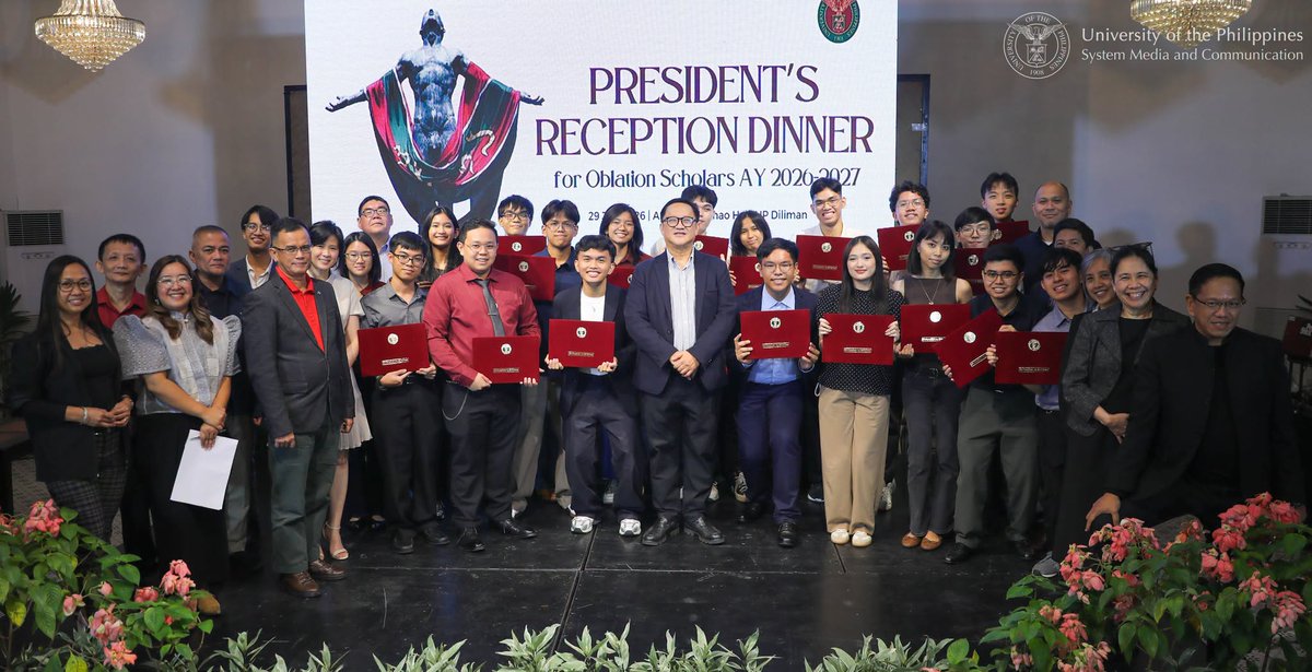 upsystem's tweet photo. University of the Philippines President Angelo Jimenez hosted a dinner for the 2026 Oblation Scholars, July 29.
The UP Oblation Scholarship is a government-funded grant given to the top 50 qualifiers of the #upcat.
Read more: https://t.co/M4W1pqqgin https://t.co/rlvsYoXxDi