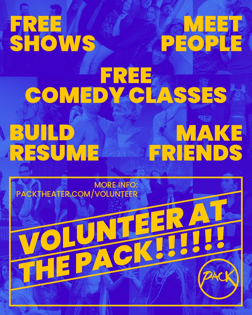 PackTheater's tweet photo. Want to take free comedy classes and make some new friends in the community? Volunteer opportunities are open and work with your schedule. Front of house, tech, and admin roles open now! Apply HERE: https://t.co/fmqWrGyqY8 https://t.co/9tQzVIkNBk