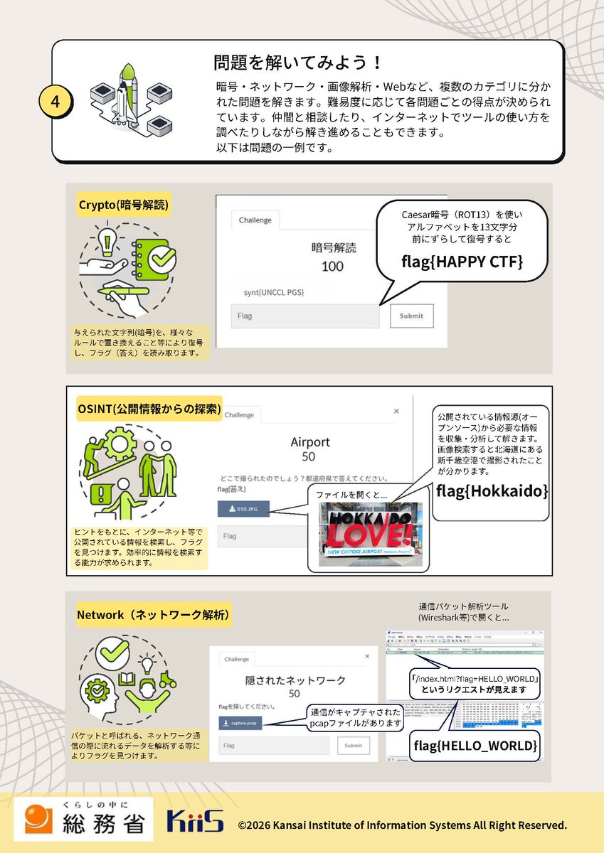 kinki_bt's tweet photo. 【報道資料】
若年層向け「全国型CTFコンテスト」を開催

📅令和8年10月3日（土）
📍会場（大阪市北区）orオンライン

クイズ形式でサイバーセキュリティを学べるCTFを開催🔍
今年はCTF解説タイムも実施✨
解いた後も学べるので、初心者の方にもおすすめ🙆

詳細はこちら↓
https://t.co/7sRvJ2sYq3 https://t.co/wnZCFQvTEW