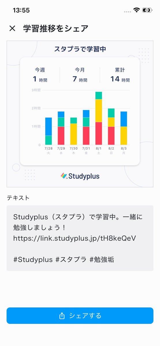 studyplusjp's tweet photo. 【お知らせ】レポートがシェアしやすくなりました！
✅ レポートの学習推移のグラフをSNSなどにシェア
✅ QRコードも自分のアイコンとともにシェア
今後も、より使いやすいサービスを目指して改善を続けてまいります。
引き続き、Studyplus をよろしくお願いいたします。
 #studyplus #スタディプラス https://t.co/BFK6KOqpTw