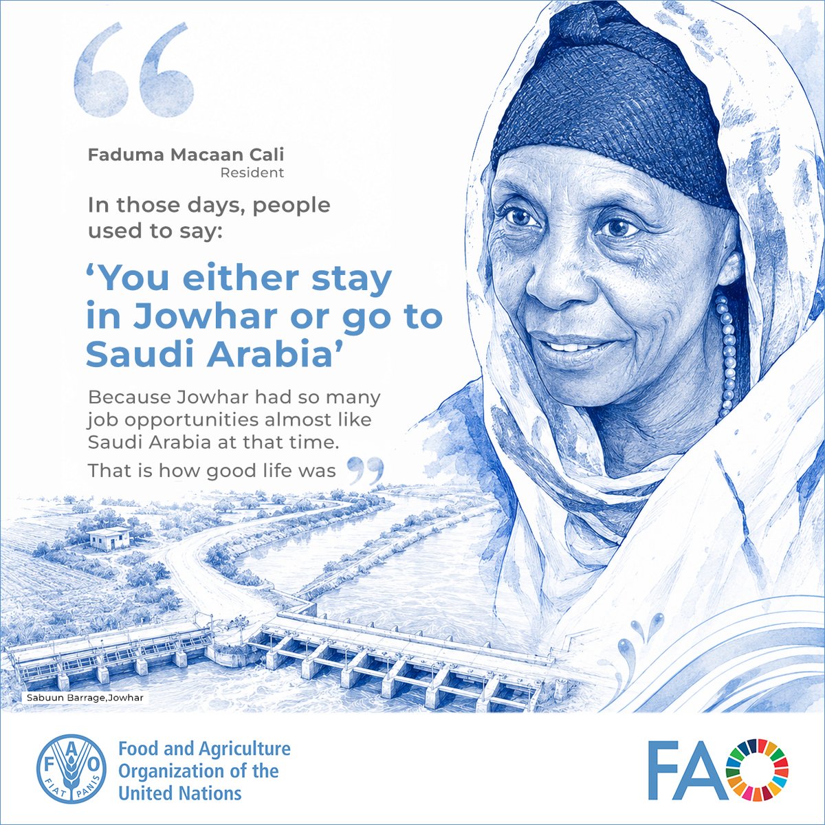 FAOSomalia's tweet photo. When #JOSP was functioning, life in #Jowhar was good. Faduma Macaan remembers a time when reliable irrigation supported farming, created jobs and strengthened local livelihoods.

Restoring this lifeline means restoring the hope that once flowed with the Shabelle River. https://t.co/HuKWJprsBK