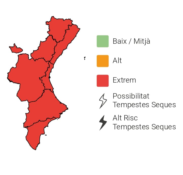 GVA112's tweet photo. 🔥El nivell de preemergència de risc d'incendis forestals hui 03/08 és:
🔴Extrem a tota la Comunitat Valenciana
📞Si veus fum o foc, telefona a l'1·1·2
#StopAlFoc https://t.co/or1JYan0k1