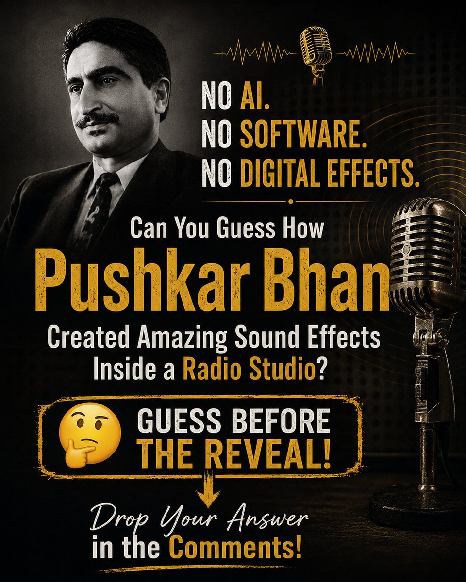 Pushkar_Bhan's tweet photo. 🎙️ NO AI. NO SOFTWARE. NO DIGITAL EFFECTS.

Can You Guess How #PushkarBhan Created Amazing Sound Effects Inside a #Radio Studio?

🤔 GUESS BEFORE THE REVEAL!
👇 Drop Your Answer in the Comments!

 #RadioLegend #SoundEffects #VintageRadio #IndianTheatre #DidYouKnow #Creativity https://t.co/hD6gOPYhhq