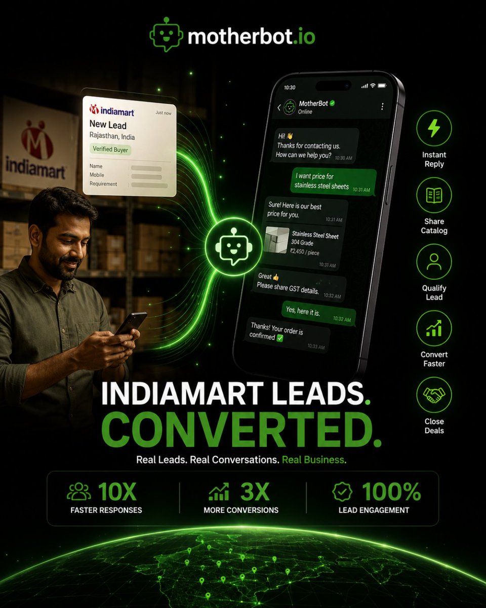 motherbot_io's tweet photo. IndiaMART leads don't convert because they're bad.

They don't convert because businesses reply too late.

⚡ Instant WhatsApp replies.
🤖 More conversations.
📈 More sales.

#Motherbot #IndiaMART #WhatsAppAutomation https://t.co/SDso4iEcLX