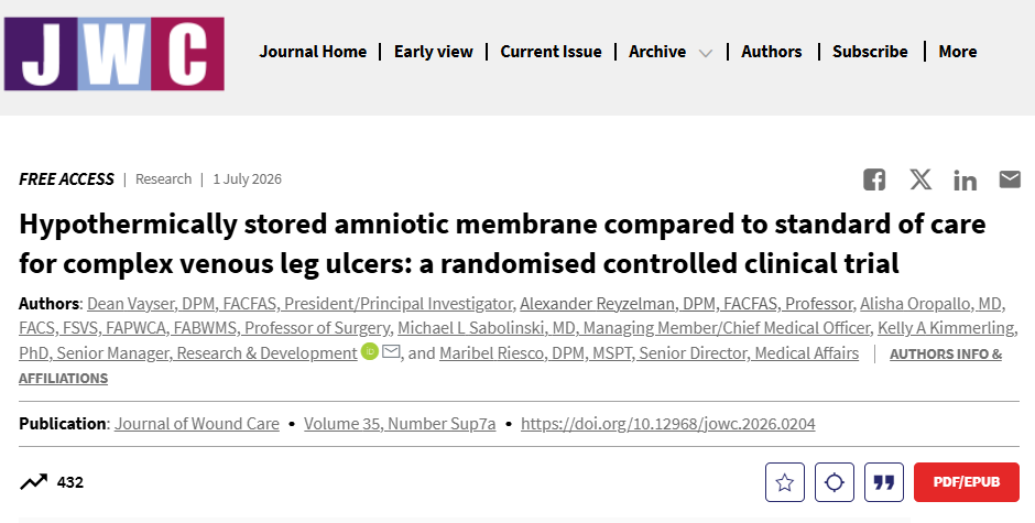 isrmwr's tweet photo. Hypothermically stored amniotic membrane + standard of care significantly improved VLU closure at weeks 12 &amp; 16 vs SoC alone (p<0.05). Greater reductions in wound area , depth &amp; volume. Robust evidence for placental allografts in complex chronic ulcers. #VLU #WoundCare https://t.co/HYUiQmcRCN