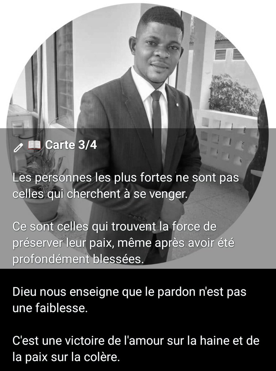 LiemaTresor's tweet photo. 📖 Les Leçons de la Vie
 
Jour 3 : Le Pardon

Le pardon ne change pas le passé.
Il change la personne que nous choisissons de devenir.

Découvrez cette réflexion à travers les 4 cartes ci-dessous.

🙏 Là où le pardon entre, la paix de Dieu commence à régner. https://t.co/1v9fQrPVvn