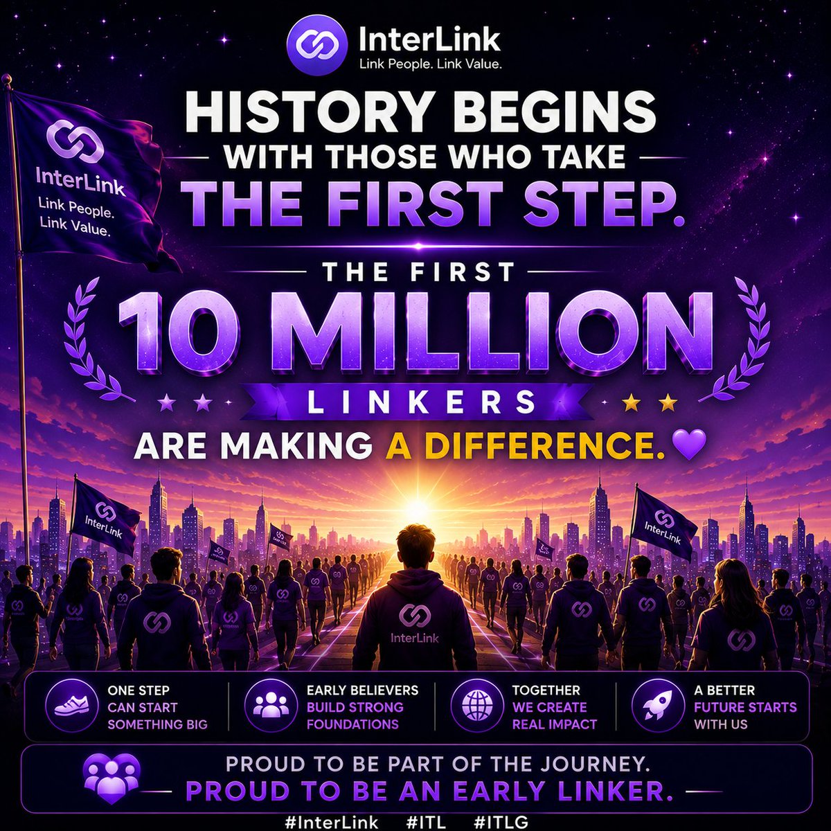 PRASADLAVUssj9's tweet photo. History begins with those who take the first step. The first 10 Million Linkers are making a difference. 💜
#Interlink #ITLG #ITLX #ITL #InterLinkAmbassador https://t.co/a9U1xzdrga