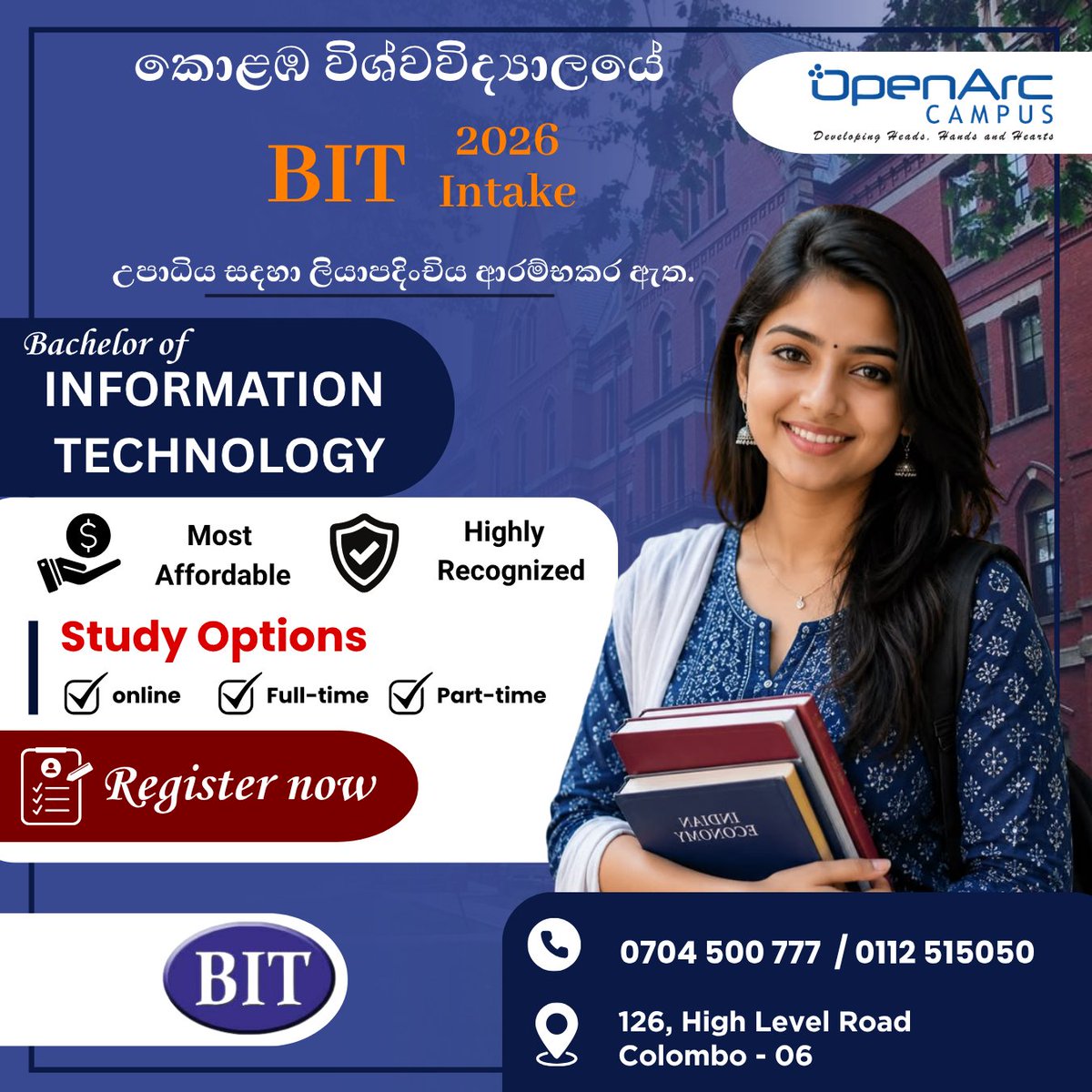 OpenarcC's tweet photo. OpenArc Campus_Bachelor of Information Technology ( BIT )

කොළඹ විශ්වවිද්‍යාලය විසින් පිරිනමනු ලබන BIT උපාධි පාඨමාලාව සඳහා ලියාපදිංචි වීම දැන් ආරම්භ වී ඇත. ඔබගේ උසස් අධ්‍යාපන සිහිනය සැබෑ කරගැනීමට අදම OpenArc සමඟ එක්වන්න!
After O/L → FIT → BIT හෝ After A/L → BIT
#CBIT #IT #UCSC https://t.co/Ogql05QOJp