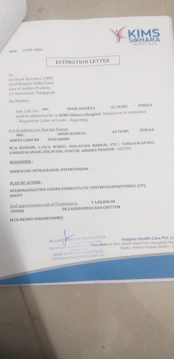 LikhiteshChow's tweet photo. 🚨Urgent Help Needed🙏
Mrs. Shaik Haseena, 43, has IIH &amp; needs urgent VP Shunt surgery at AIIMS Mangalagiri. 
Cost: ₹5,00,000 | CMRF: ₹1,53,548 received | Balance needed urgently.
Poor family. Please donate/share. Docs attached.
Every rupee can save her vision. https://t.co/frGZAsdI9A