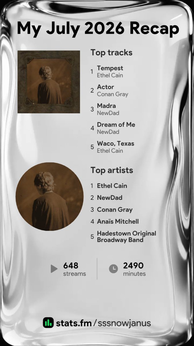 waltjessexo's tweet photo. Samael's Monthly Recap July 2026 on https://t.co/NXCbpGVZn8 #statsfm https://t.co/4wCY18fgaJ