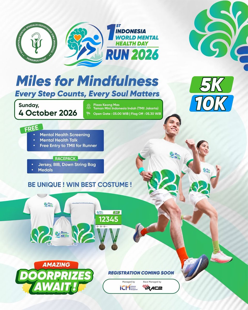 JadwalLari's tweet photo. 👟The 1st Indonesia World Mental Health Day Run 2026
🗓️Minggu, 4 Oktober 2026
🏃♂️5K dan 10K
🏠Plaza Keong Mas, TMII, Jakarta Timur, DKI Jakarta
#JadwalLari #FunRun #InfoLariJakarta #EventLariJakarta #WorldMentalHealthDay2026 https://t.co/RdhPohNGde