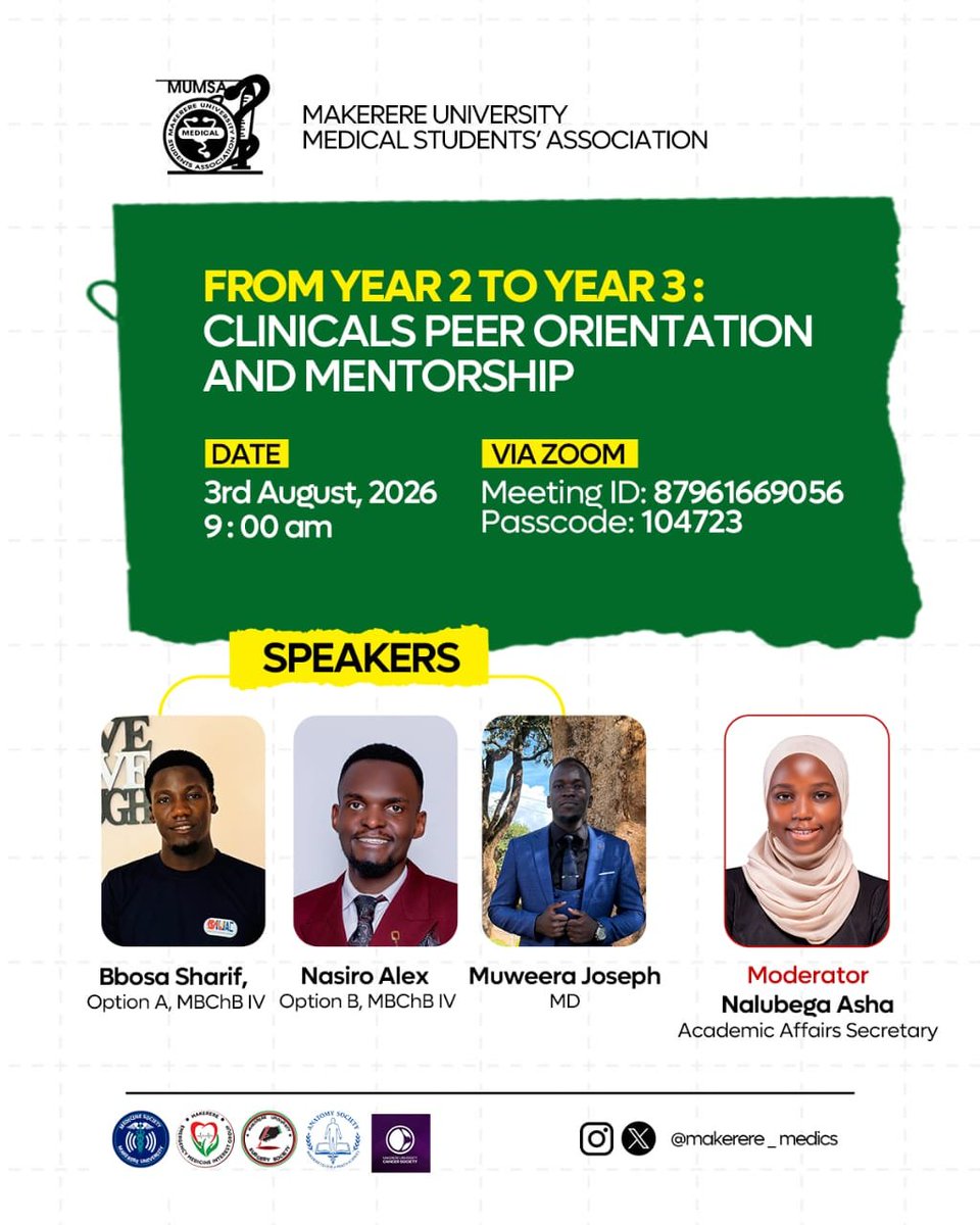 Makerere_Medics's tweet photo. To the junior clerks, join us for a peer orientation and mentorship session on transitioning from preclinical to clinical medicine. https://t.co/7jIrLcHAPT