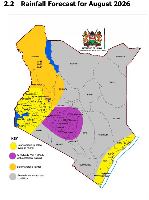 MeteoKenya's tweet photo. Rainfall Forecast for August 2026     

Near average to below average rainfall is likely to occur in Trans Nzoia, Bungoma, Busia, Kakamega, Siaya, Vihiga, Nandi, Uasin Gishu, Elgeyo Marakwet, Kisumu, Kericho Nyamira, Kisii, Bomet, Migori, Homa Bay, Nakuru, Lamu, Kilifi, Mombasa, Kwale, parts of Narok, West Pokot, Baringo and Tana River counties. Isolated heavy rainfall events are likely to occur in a few counties.

Below average rainfall is expected over Turkana, Samburu, parts of West Pokot, Elgeyo/Marakwet and Baringo counties. 

Occasional cool and cloudy (overcast) conditions, with intermittent light morning rains/drizzle and fog are expected in Kiambu, Murang’a, Nyeri, Embu, Meru, Tharaka Nithi, Kirinyaga, Nyandarua, Nairobi and parts of Machakos, Kajiado, Kitui, Makueni, Taita 
Taveta, Wajir and Marsabit counties. 

Generally sunny and dry conditions are expected Laikipia, Marsabit, Wajir, Mandera, Isiolo, Garissa, Taita Taveta, Kajiado, Machakos, Kitui, Makueni, Narok, Kajiado, Taita-Taveta parts of Tana River and Narok counties.    Detailed https://t.co/EqGLxwu3UU