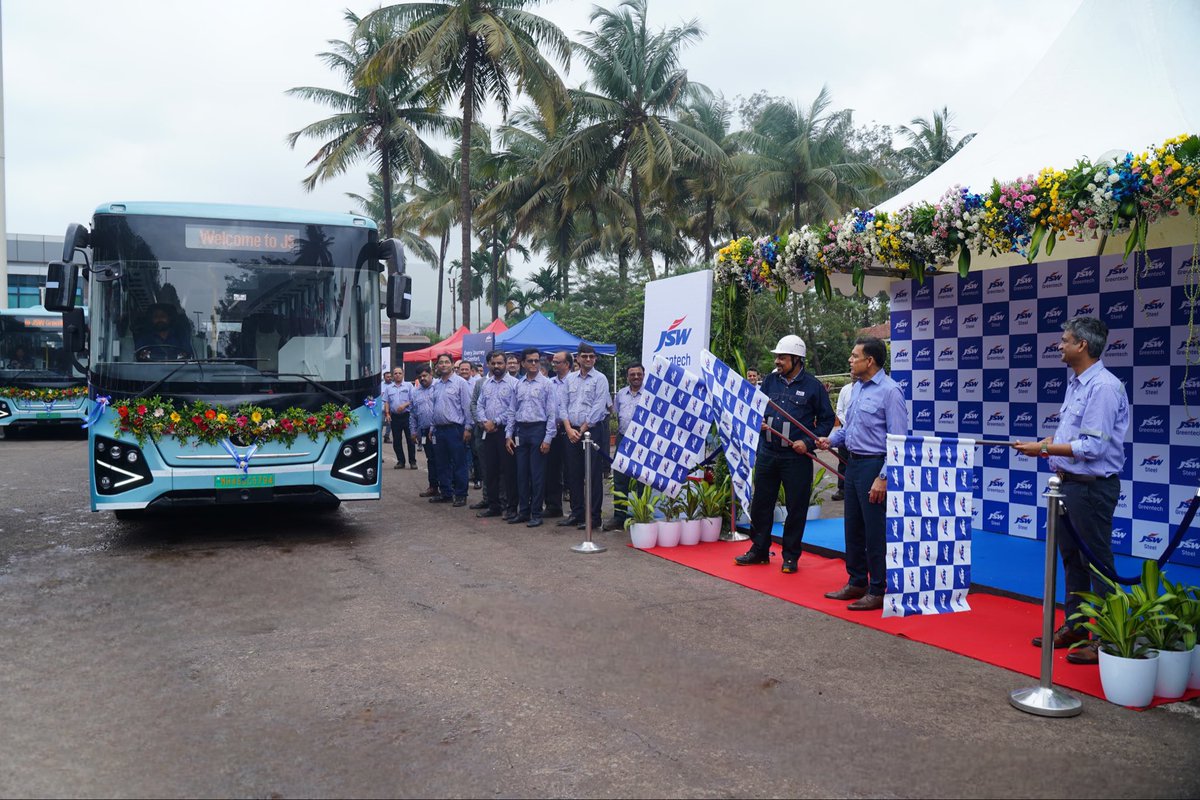 JSWGreentechLtd's tweet photo. Proud milestone for us as we commence deployment of our first fleet of 100 electric staff buses at JSW Steel, flagged off by our Hon. Chairman, Mr. Sajjan Jindal. We are committed to creating world-class commercial EV solutions that are designed in India, for India. https://t.co/53o5gfzK0Q