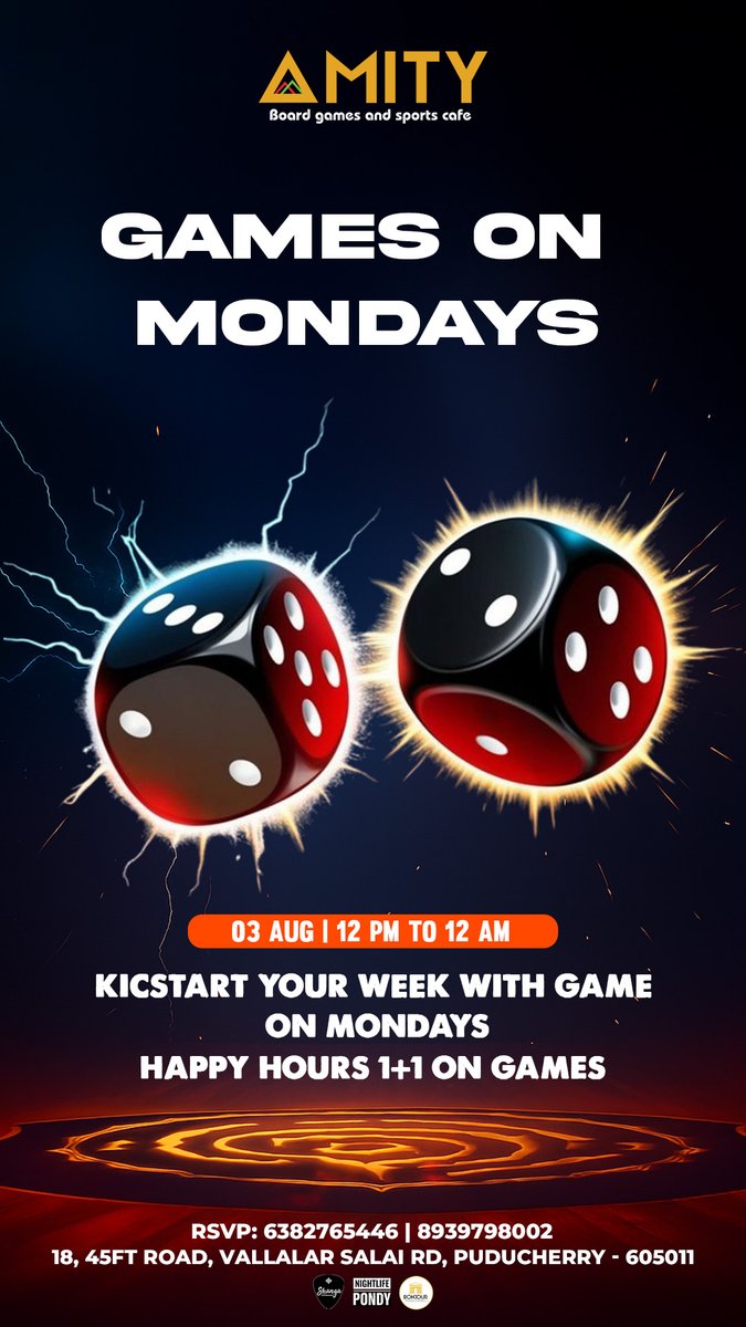 bonjourpondi's tweet photo. 🎮 Game On Mondays!
Kickstart your week with Happy Hours 1+1 on Games and let the fun begin! 🎲🔥
#GameOnMondays #AmitySportsCafe #BoardGames #GameNight #HappyHours #Puducherry #MondayFun #WeekendVibes #PlayMore #BonjourPondicherry https://t.co/B80s3QURkY