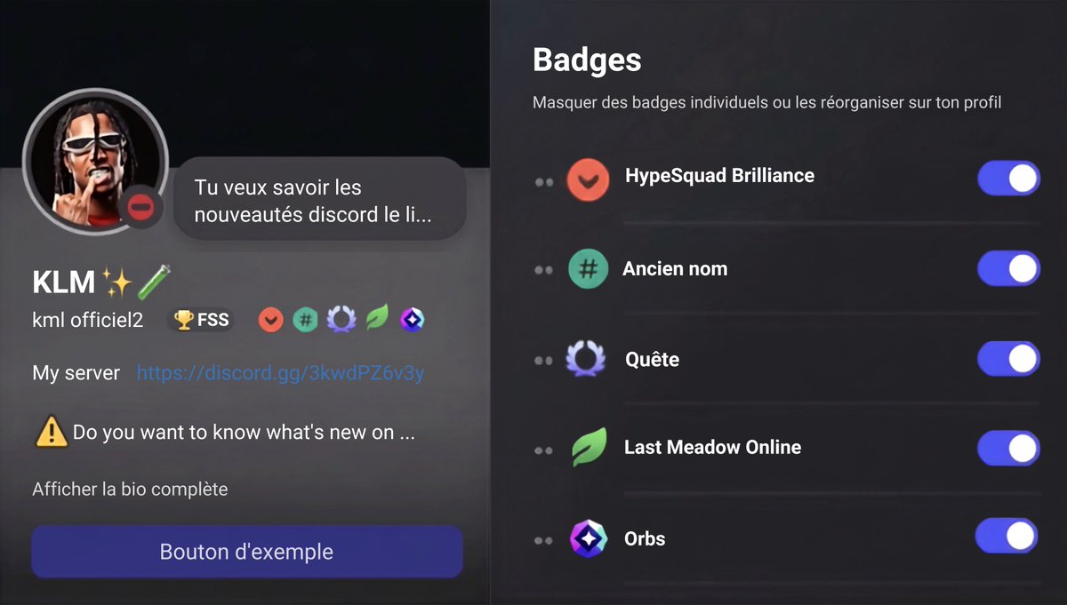 DiscordNEW8r's tweet photo. Personnalisation de vos badges arrive très prochainement ! Vous pourrez choisir de  masquer sur votre profil.
Customization options for your badges are coming very soon! You'll be able to choose to hide them on your profile.
#discord #DiscordUpdate #DiscordNews #badges #dev https://t.co/fi9ziV5XVo