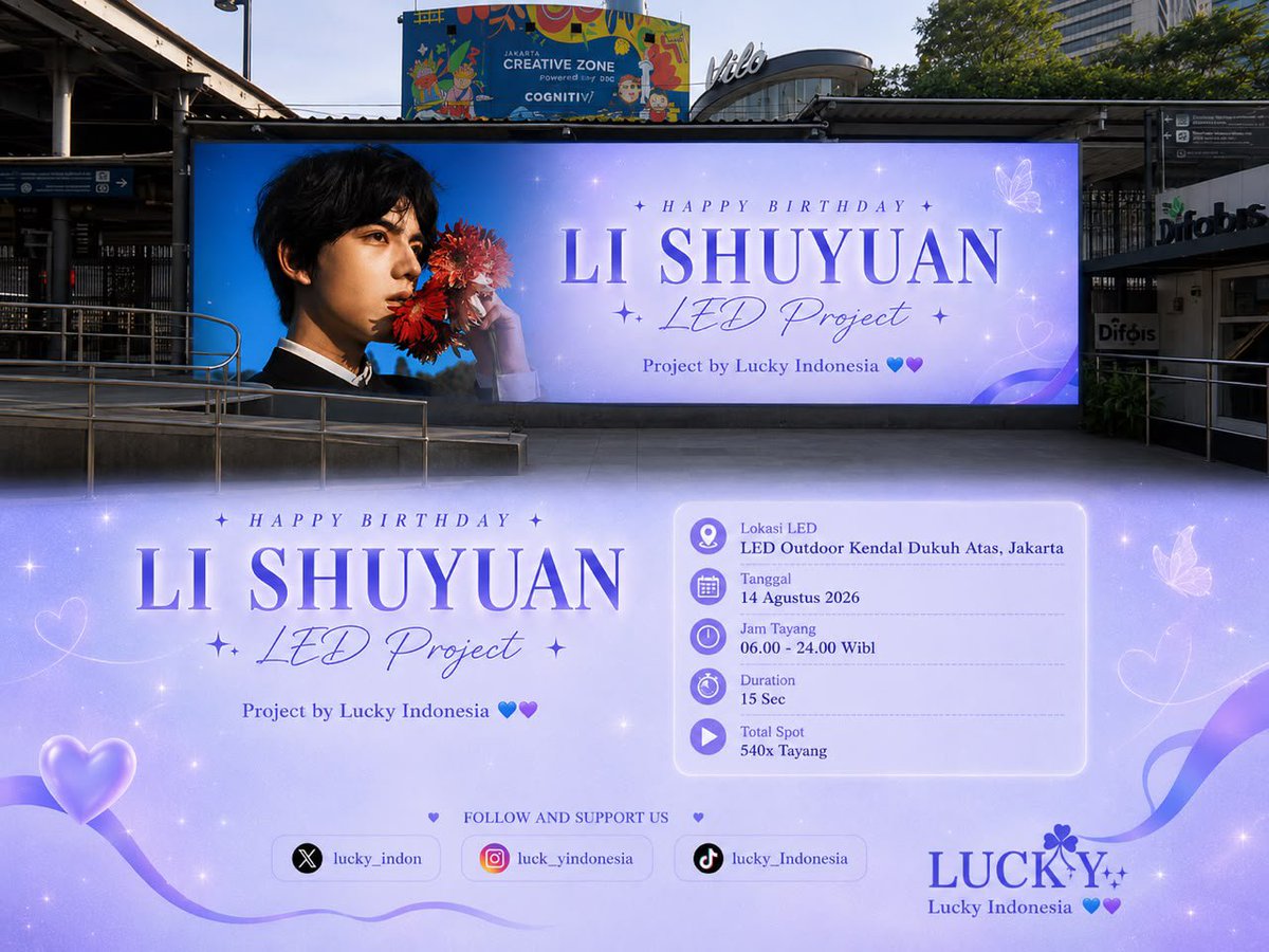 lucky_indon's tweet photo. HAPPY BIRTHDAY
LI SHUYUAN💙💜

LED Riverview
( depan Vilo )
14 Agustus 2026
Total spot = 540x Tayang / tayang setiap 2 menit sekali
Start = 06.00 - 24.00 WIB

LED Project
Mari bersama
merayakan hari spesial
Li Shuyuan dengan LED Project
dari 💙Lucky Indonesia💜
Cahaya ini adalah bentuk
cinta dan dukungan untukmu,
Shuyuan!
Forever with you
💙LUCKY💜

Project by 💙Lucky Indonesia💜
FOLLOW AND SUPPORT US
X (Twitter): lucky_indon
Instagram: luck_yindonesia
TikTok: lucky_Indonesia
Suport by Ocha

media partner
all member
💙GC TIANYUAN
&LUCKY INA💜
admin fafa&qilla
and
@oilieshuyuan 1
@tianziyuning
@gawin759
@sayciizy
@pavelhic
#Tianyuan #LuckyIndonesia #OllieLiutianyue #LiShuyuan