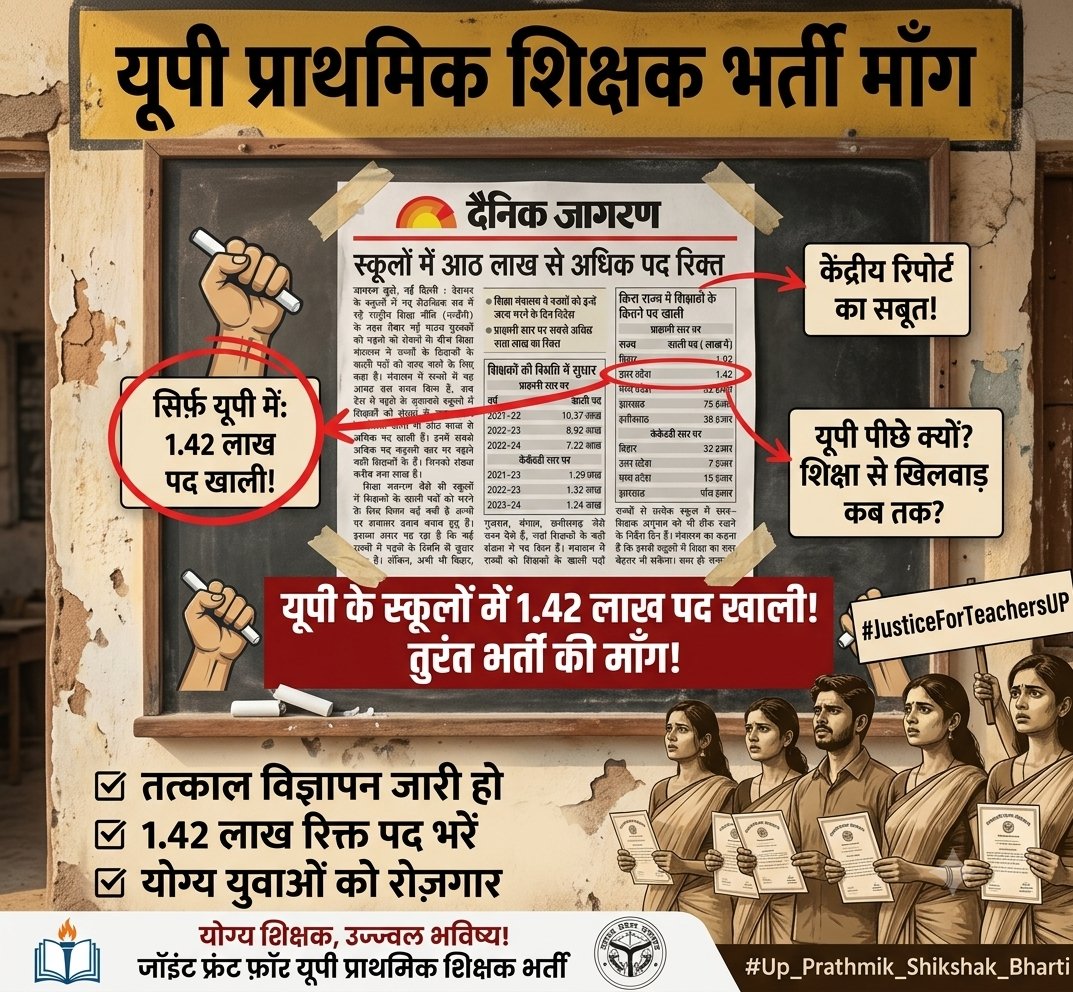 itsyashgupta11's tweet photo. किसी की उम्र सीमा पास आ रही है।
किसी ने परिवार की उम्मीदों के लिए तैयारी की।
किसी ने नौकरी छोड़कर पढ़ाई की।
अब 8 वर्षों का इंतज़ार समाप्त कीजिए।
#UP_एक_लाख_शिक्षक_भर्ती
@myogiadityanath @CMOfficeUP @UPGovt @thisissanjubjp @kpmaurya1 @brajeshpathakup @basicshiksha_up @upesscprayagraj @PrashantK_IPS90
