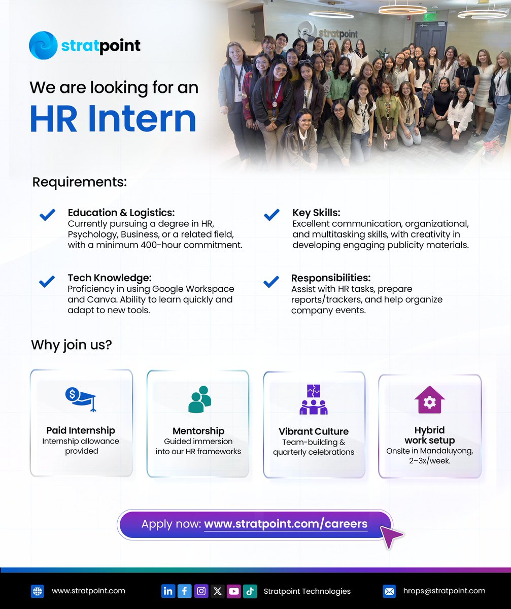 stratpoint's tweet photo. Kickstart your HR career now!

Join us as an HR Intern and gain hands-on experience in HR operations, event planning, tracker management, and creative projects—all while working in a hybrid setup with paid internship benefits.

🌐 https://t.co/uWIIW6X8Ve
📧 hrops@stratpoint.com https://t.co/rSGaJlXsEn