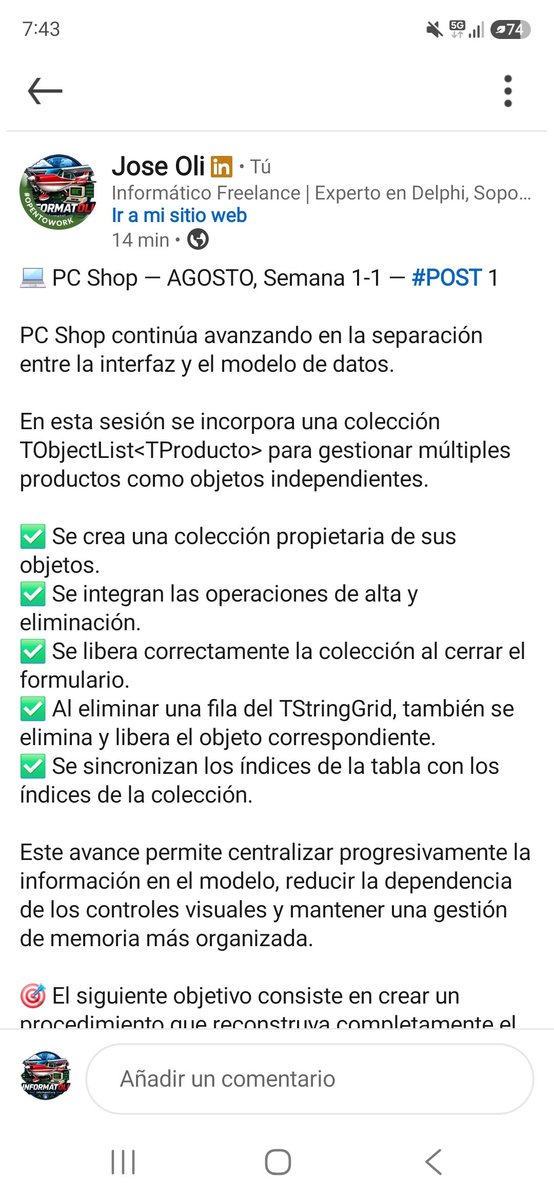 informatoli's tweet photo. 💻 PC Shop — #POST 1

Se incorpora TObjectList<TProducto> para gestionar múltiples productos y organizar correctamente su memoria.

🔗 https://t.co/bd736S768Y

#Delphi #ObjectPascal #PCShop https://t.co/1FSNSHS4fV