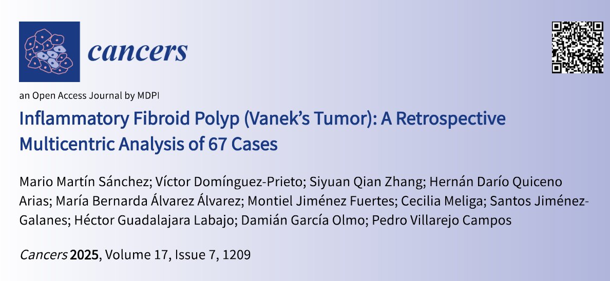 Cancers_MDPI's tweet photo. 📜Inflammatory Fibroid Polyp (Vanek’s Tumor): A Retrospective Multicentric Analysis of 67 Cases
🧑⚕️@MarioMartn, @vicdominguez93 et al. from @Hospital_FJD
👏Citations: 7
Full text➡️https://t.co/eIFe9rtGKo
📌Keywords: #VaneksTumor #intussusception gastrointestinal submucosal tumor https://t.co/MdDJTX1Bhw