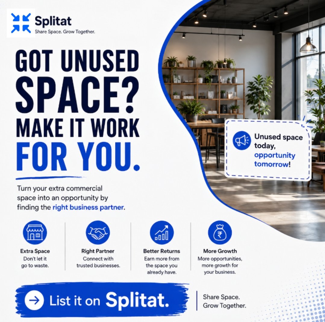 SplitatOfficial's tweet photo. Got unused space? Make it work for you. 🏪💡

Share your commercial space with the right business partner and turn unused space into an opportunity.

List it on Splitat. 💙

#Splitat #SpaceSharing #BusinessGrowth https://t.co/cNohI9i5Sc