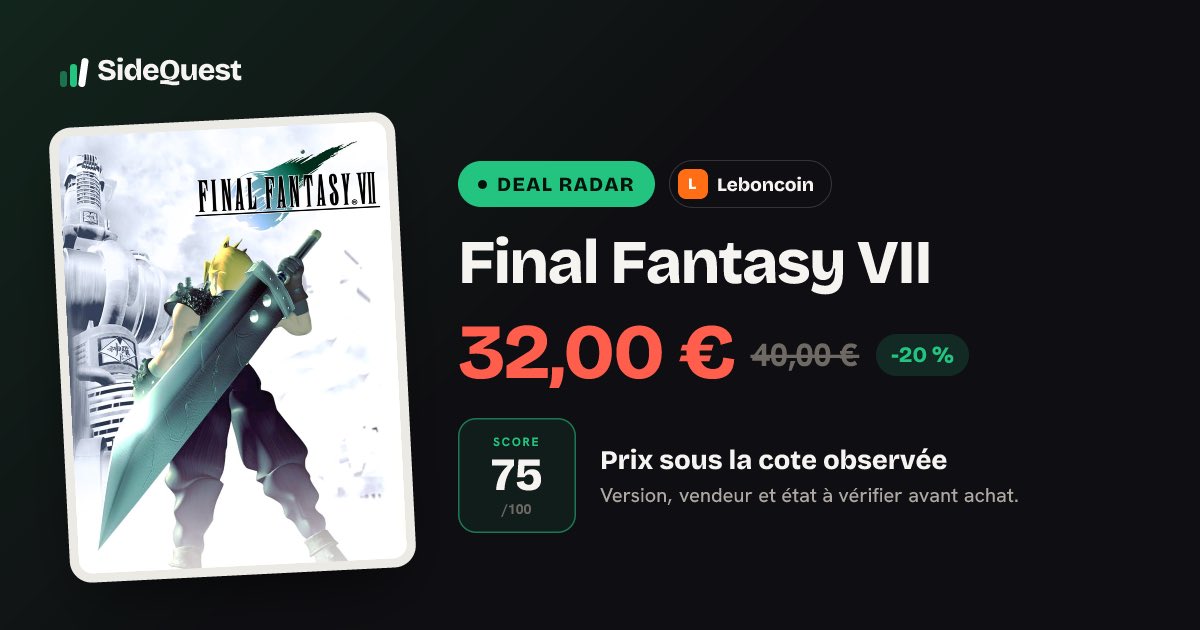gesidequest's tweet photo. Deal Radar · Leboncoin 👀

Final Fantasy VII · PlayStation

32,00 EUR · score SideQuest 75/100
Bonne piste, à vérifier avant achat 👇
https://t.co/NbeSVgrDsE https://t.co/YDtqcNy6iX