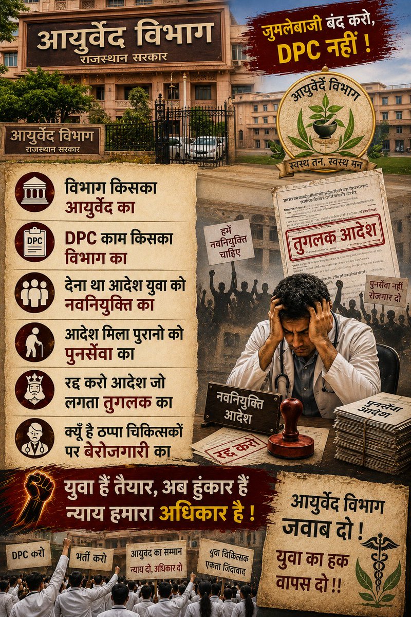 doctor_sahab_07's tweet photo. 926 पद खाली...फिर भर्ती क्यों टाली?
जब योग्य BAMS और MD/MS आयुर्वेद चिकित्सक उपलब्ध, तो नियमित भर्ती क्यों ��हीं?
926 रिक्त पदों पर पुनर्नियुक्ति नहीं,नियमित भर्ती 
-आयुर्वेद सरकारी कॉलेजों से Deputation हटा कर RPSC से भर्ती कराओ
@DrPremBairwa @BhajanlalBjp #BAMS_926 https://t.co/M6ELBzoIV9