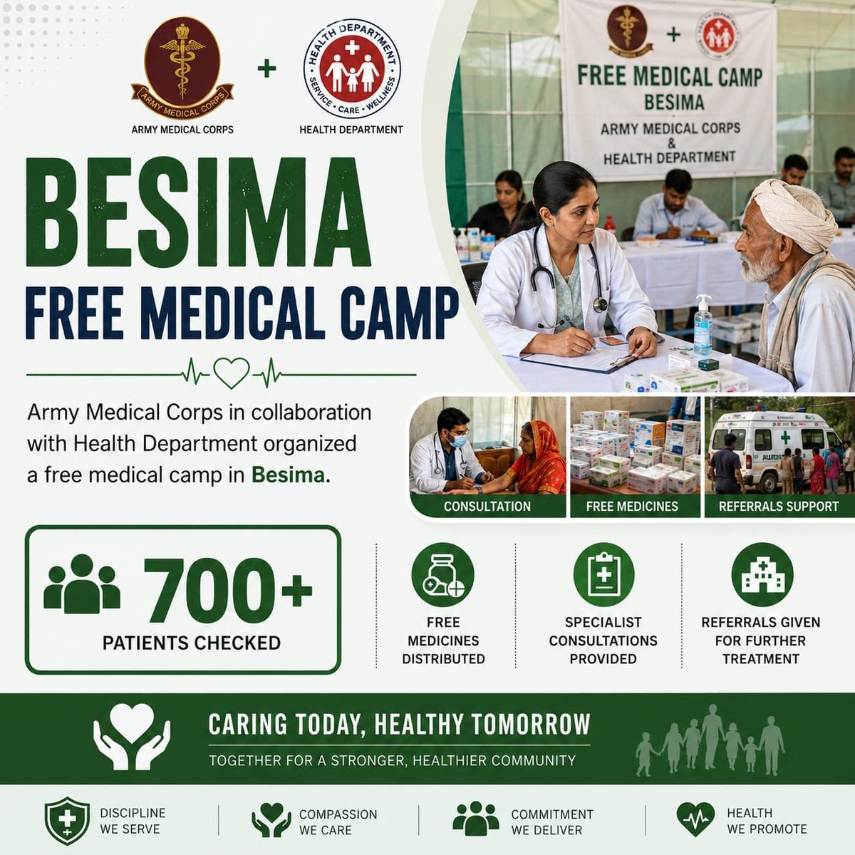 Kareema_Zehri's tweet photo. Bringing healthcare closer to the community. The Army Medical Corps, in collaboration with the Health Department, conducted a free medical camp in Besima, where over 700 patients received medical check-ups, essential medicinesreferrals for specialized care
#Besima
#MedicalCamp https://t.co/qZy6pylsCw