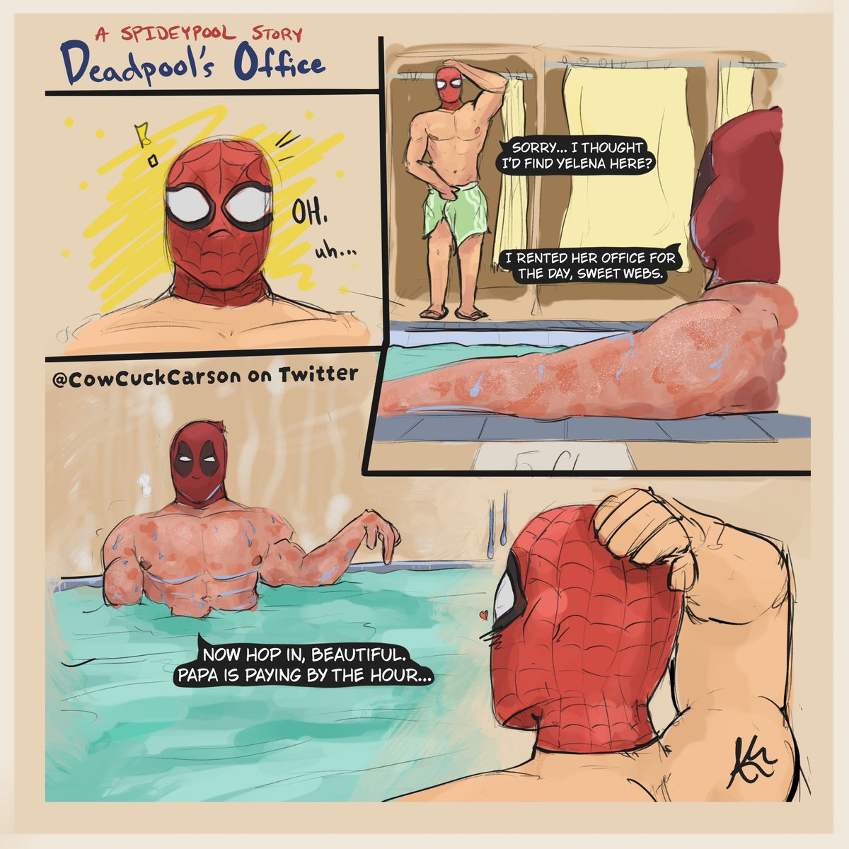 CowCuckCarson's tweet photo. Spidey checks out Deadpool’s new office🫪 #spideypool #spiderman 

sketch art by yours truly https://t.co/BUHHneS2hl