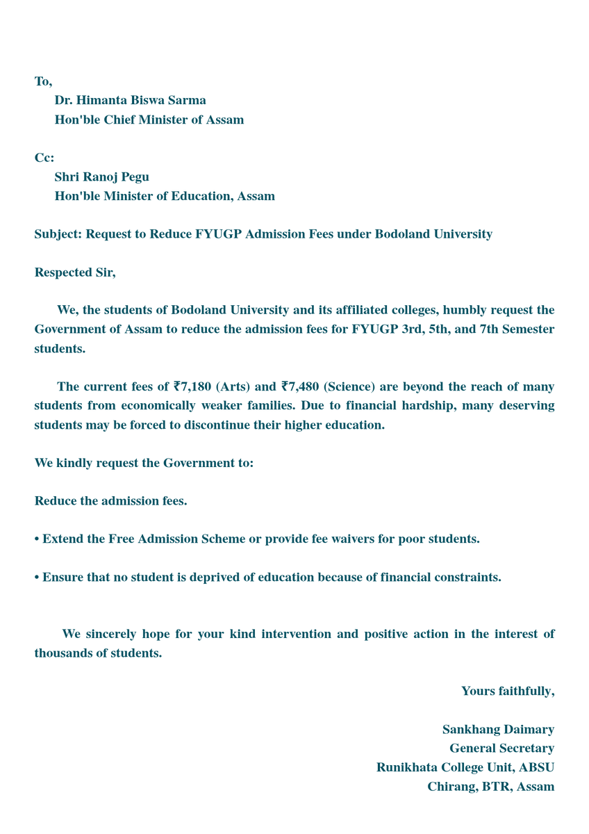 SankhangDaimary's tweet photo. Students deserve education, not financial barriers. We urge the Government of Assam to reduce the high FYUGP 3rd, 5th &amp; 7th Semester admission fees under Bodoland University and ensure no student is forced to drop out due to poverty.

@himantabiswa @ranojpeguassam https://t.co/xbBsQo9KSk
