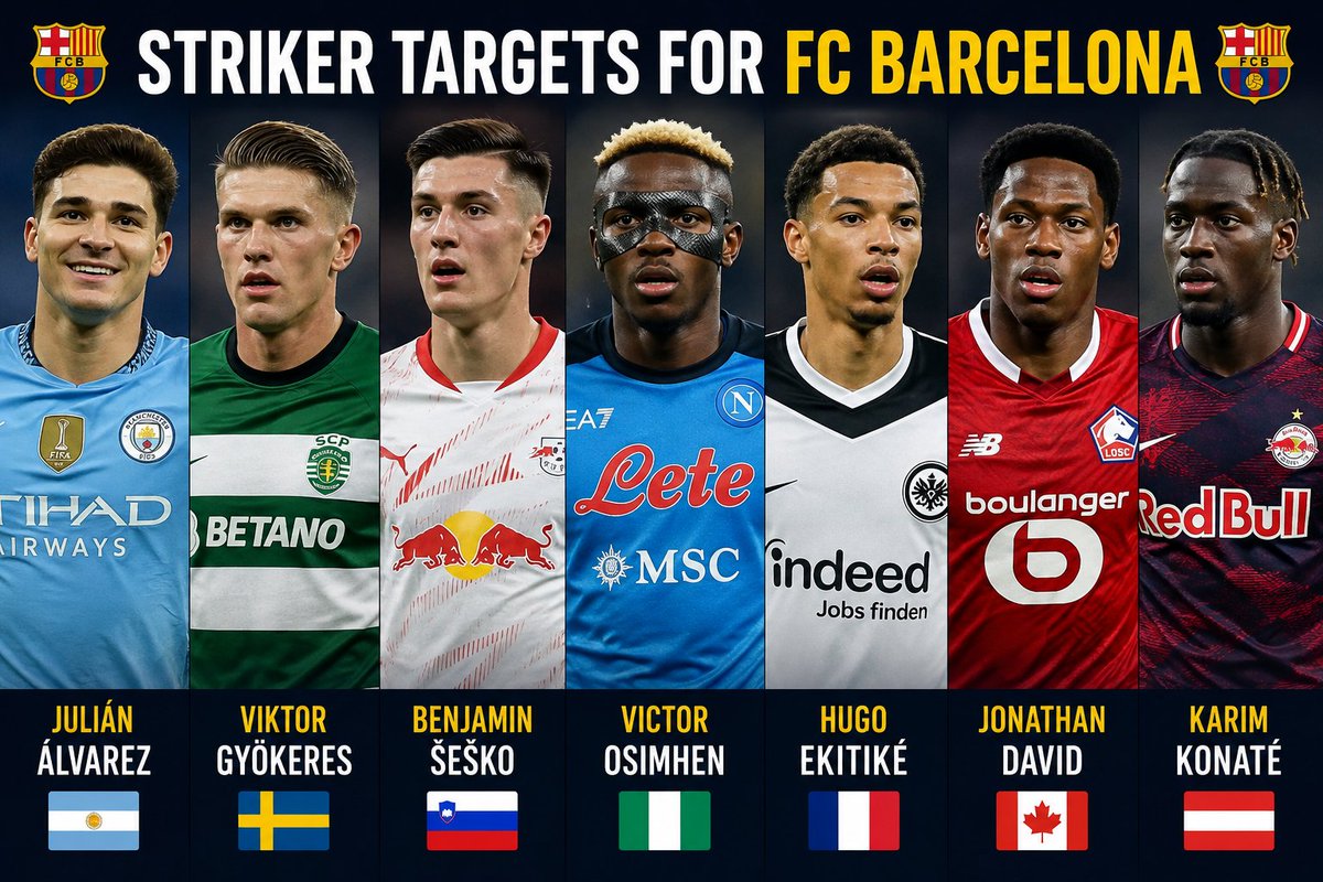 MayurXBarca's tweet photo. If Barça could sign ONE striker this summer, who would you choose?
🇦🇷 Julián Álvarez
🇸🇪 Viktor Gyökeres
🇸🇮 Benjamin Šeško
🇳🇬 Victor Osimhen
🇫🇷 Hugo Ekitiké
My pick? Julián Álvarez. 💙❤️
#FCBarcelona #ViscaBarca #ViscaCatalunya https://t.co/4A29Vymprv
