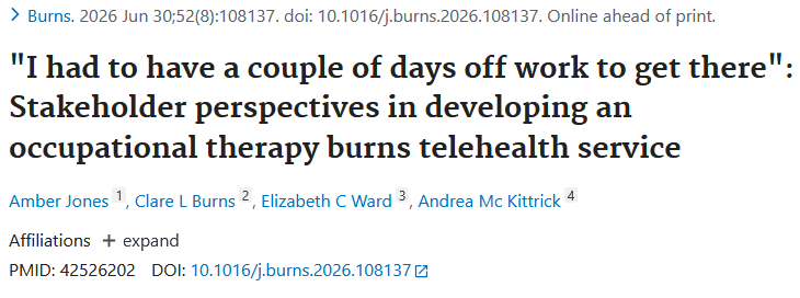 tpchlibrary's tweet photo. Congratulations to #TPCH's A. Jones for their contribution to the article “I had to have a couple of days off work to get there”: Stakeholder perspectives in developing an occupational therapy burns telehealth service"
https://t.co/IRs5ufOCsX https://t.co/JyGlR75J7c