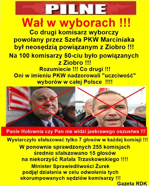 zdzisawrodzik's tweet photo. Panie Hołownia czy Pan nie widzi jaskrawego oszustwa !!!
Co drugi komisarz wyborczy
powołany przez Szefa PKW Marciniaka
był neosędzią powiązanym z Ziobro !!! https://t.co/5Ph6wJ80qH