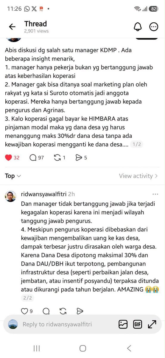 LambeSahamjja's tweet photo. hasil diskusi pak ridwan dengan manager kopdes:
- ada orang ngobrol sama manager koperasi merah putih
- manager cuma kerja doang, ga tanggung jawab kalau koperasi gagal
- kalau koperasi ga bisa bayar utang, dana desa yang nombokin maksimal 30%
- koperasinya ga wajib ganti rugi ke desa
- yang paling kena dampak malah warga desa
- soalnya dana desa dan dana lain kepoton
- jadi pembangunan jalan jembatan posyandu bisa ketunda