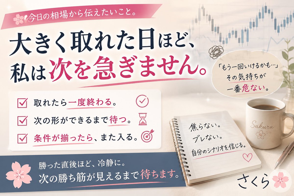 sakura_dailyFX's tweet photo. 🌸 大きく取れた日ほど、私は次を急ぎません。

今日のドル円、朝からかなり動きましたね。

朝にお伝えしていた
 157.50〜158.00円の戻り売り。
私もシナリオ通りに入って、今回はしっかり利益を残すことができました。

でも、こういう日の方が実は危ないと思っています。

大きく取れた後って、
「まだ下がりそう」
「もう一回いけるか��」
「次も取りたい」
って、気持ちが大きくなりやすいんですよね。
昔の私は、ここで何度も入り直していました。

せっかく取れた利益を減らして、
「最初のトレードでやめておけばよかった…」
って後悔する。

だから今は、
 大きく取れた後ほど、一度チャートから離れるくらいでちょうどいいと思っています🌸

今日も日米の協調介入で相場は大きく動きました。

でも、だからといって
 「下がっている＝今から売る」ではありません。

相場が大きく動いた後は、急な買い戻しだってあります。

だから私は、
取れたら一度終わる。
次の形ができるまで待つ。
また条件が揃ったら入る。

これを繰り返します😊
トレードって、たくさん入ることが上手さじゃない。

「今はやらない」と決められることも、立派な判断です。

���のあと相場がどう動くかは分かりません。

でも、自分がどう動くかは先に決められる。
私はそこを大切にしています🌸

今夜は23:00に米ISMもあります。

まだチャンスはあります。
だからこそ今は焦らず、次の勝ち筋が見えるまで待ちます😊

❤️こういう「相場との向き合い方」も今後もっと発信していきます。
参考になったら、いいね・フォローしてもらえると嬉しいです🌸

#ドル円 #USDJPY