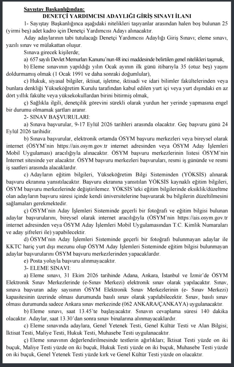 Sayder2017's tweet photo. Sayıştay Başkanlığı tarafından 25 adet Denetçi Yardımcısı kadrosu için alım ilanı Resmi Gazetenin bugünkü sayısında yayımlandı. https://t.co/kAm38FFUWL