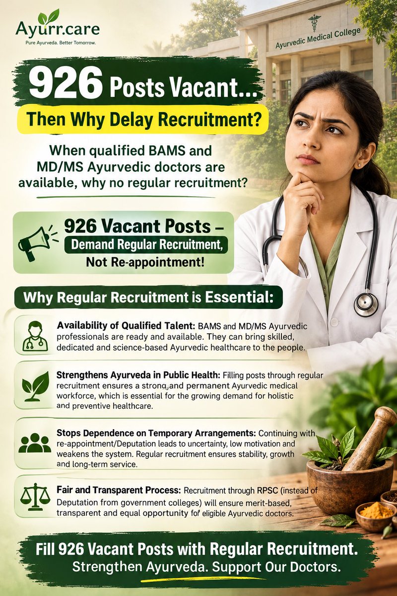 YachuTabiyar's tweet photo. 926 पद खाली...फिर भर्ती क्यों टाली?
जब योग्य BAMS और MD/MS आयुर्वेद चिकित्सक उपलब्ध, तो नियमित भर्ती क्यों नहीं?
926 रिक्त पदों पर पुनर्नियुक्ति नहीं,नियमित भर्ती 
-आयुर्वेद सरकारी कॉलेजों से Deputation हटा कर RPSC से भर्ती कराओ
@DrPremBairwa @BhajanlalBjp #BAMS_926 https://t.co/XodkdCr450