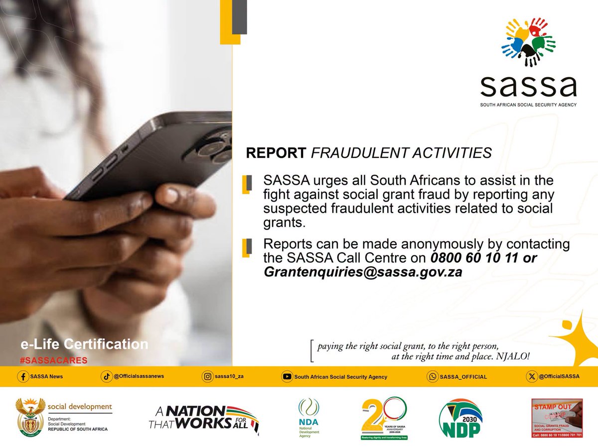 GovernmentZA's tweet photo. 🚨 SASSA urges all South Africans to report suspected grant fraud and abuse. Reports can be made anonymously by calling 0800 60 10 11 or emailing Grantenquiries@sassa.gov.za. Together, we can ensure grants reach the right people. 

#SASSACares #GovZAUpdates https://t.co/OuI5XWGX33