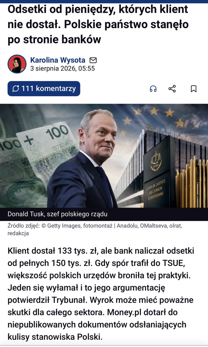 Wysmulek_Kar's tweet photo. Po lekturze tego artykułu coraz trudniej oprzeć się wrażeniu, że jest to również pytanie o to, po czyjej stronie w sporach konsument–bank staje państwo.

W sprawie dotyczącej naliczania odsetek od pieniędzy, których konsument nigdy nie otrzymał, stanowisko polskiego rządu było korzystne dla sektora bankowego. Inne stanowisko zajął @RF_gov_PL , wskazując, że pobieranie odsetek od kwoty, która nigdy nie została oddana do dyspozycji klienta, jest nieprawidłowe. Ostatecznie to właśnie ten kierunek potwierdził TSUE. 

Trudno nie zadać pytania, dlaczego w sprawie dotyczącej podstawowych praw konsumentów państwo nie mówiło jednym głosem.

Jeżeli chcemy rozmawiać o ochronie konsumentów, to może właśnie od takich spraw warto zacząć. Nie od tego, ile banki mogą stracić, ale od tego, czy klient powinien płacić odsetki od pieniędzy, których nigdy nie dostał.