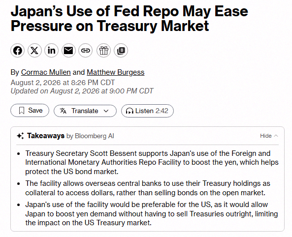 t0418_'s tweet photo. Japan plans to tap the International Repo Facility to strengthen the yen and skip offloading U.S. Treasuries 🚨 🚨 https://t.co/m60PMdgMvB