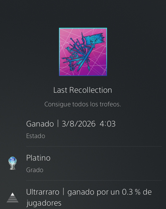 TwinRebirth's tweet photo. Conseguido nuestro Platino nº413 con #SAOLastRecollection.
Como ya expusimos en nuestro vídeo-análisis de 2023, es una expansión hecha videojuego. En todo es inferior a Alicization Lycoris, su entrega previa y vinculada.
Lo complicado del Platino ha sido el trofeo de conseguir todas las habilidades finales de cada arma, haciéndose algo más llevadero con una actu que introduce un desafío en la Arena para conseguir este objetivo relativamente más rápido, motivo por el cual volvimos hace un mes al juego para platinearlo definitivamente.
De todas las entregas de #SAO, ha sido la que menos nos ha gustado, con la excepción de Fractured Daydream, que fue peor incluso. Ahora a por los Platinos de Fatal Bullet y Hollow Realization (que están a medias) y ya tendremos todos los Platinos de la saga de videojuegos de #SwordArtOnline, que es nuestro objetivo.