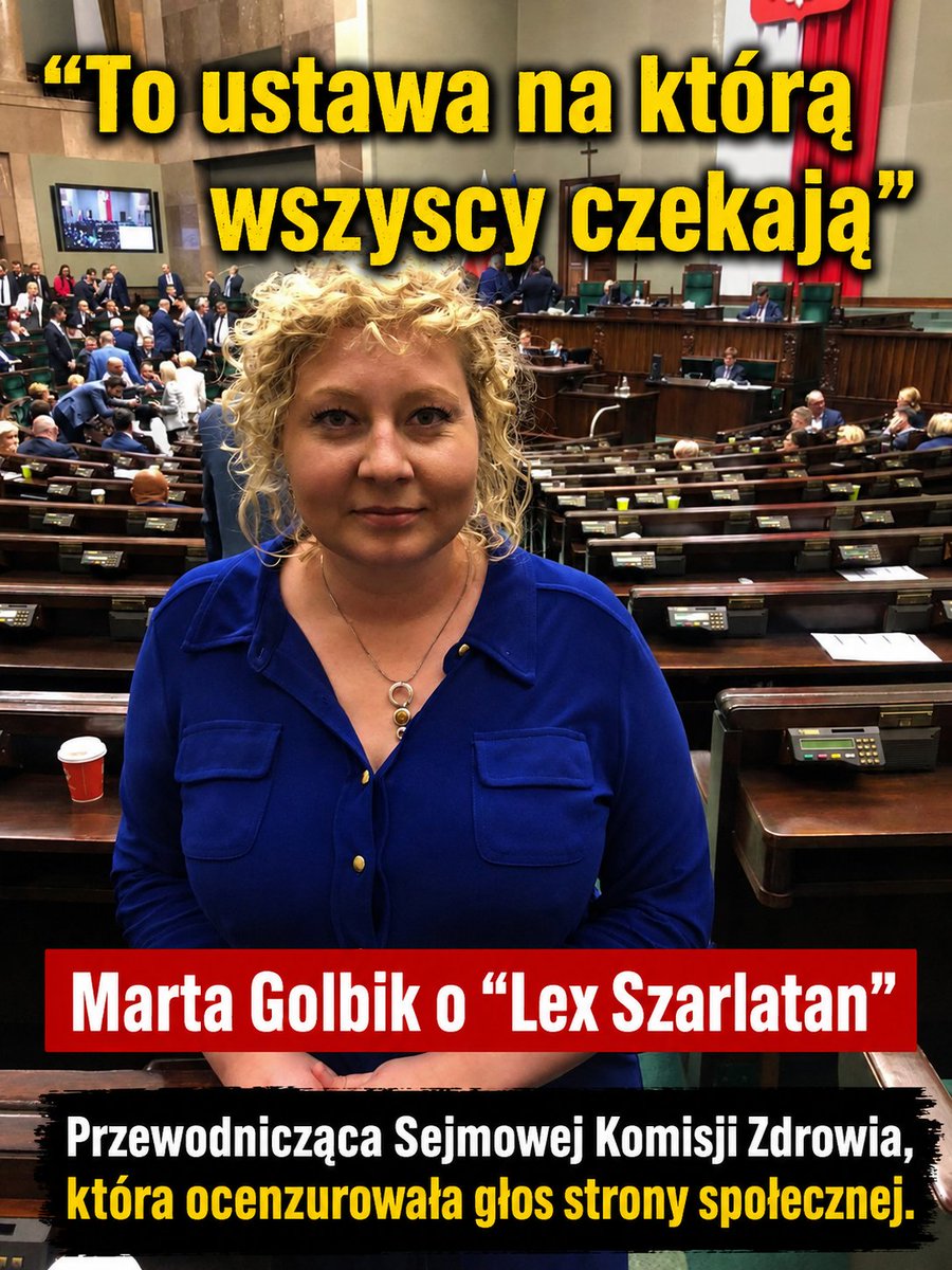 justsocha's tweet photo. "To ustawa, na którą wszyscy czekają" - mówi @MGolbik o #LexSzarlaran - przewodnicząca komisji zdrowia, która nie wpuściła strony społecznej na posiedzenie. 
Czyżby? Ponad 130 000 obywateli mówi veto! 
Naszą petycję o prezydenckie @prezydentpl  @NawrockiKn weto totalitarnej ustawy podpisało już: 12 000 osób! Dążymy do 100 000
Podpisz i udostępnij! https://t.co/0RzUq54hVI
#StopLexSzarlatan