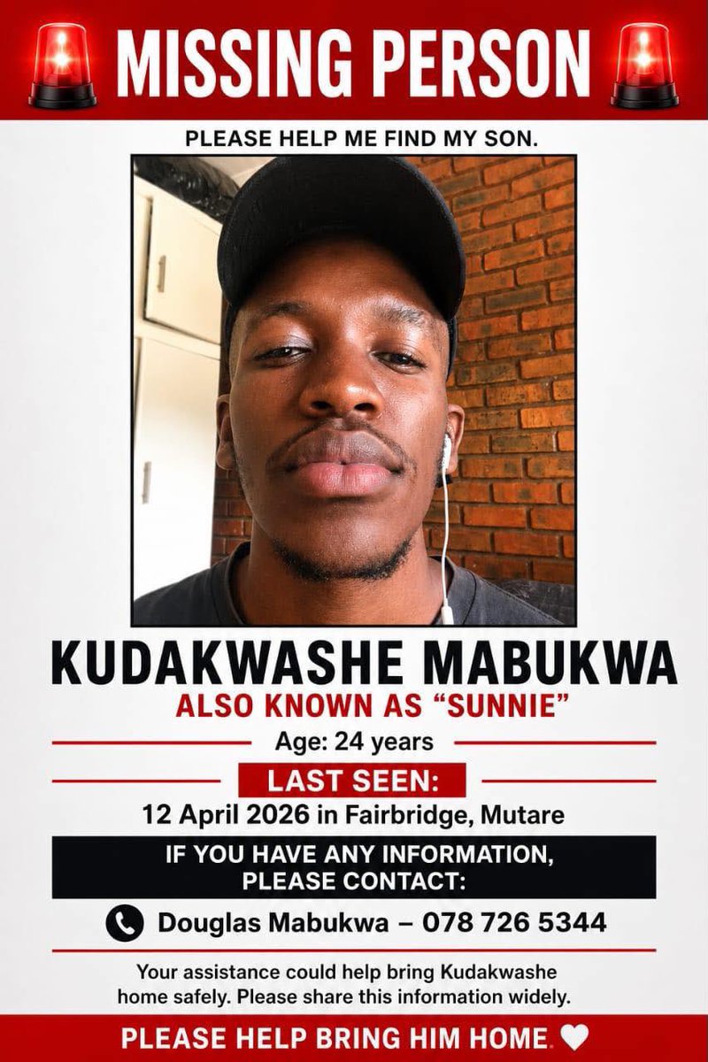 CrimeWatchZW's tweet photo. PLEASE SHARE🙏🏾| I hope you are well, I’m still searching for my son, and I thought I should update his photo. I kindly ask you to help me share this as widely as possible.

As a family, we remain hopeful and continue to pray for his safe return. We believe that God will answer our prayers.

Thank you for your love, support, and every share. 🙏🏻

@PoliceZimbabwe