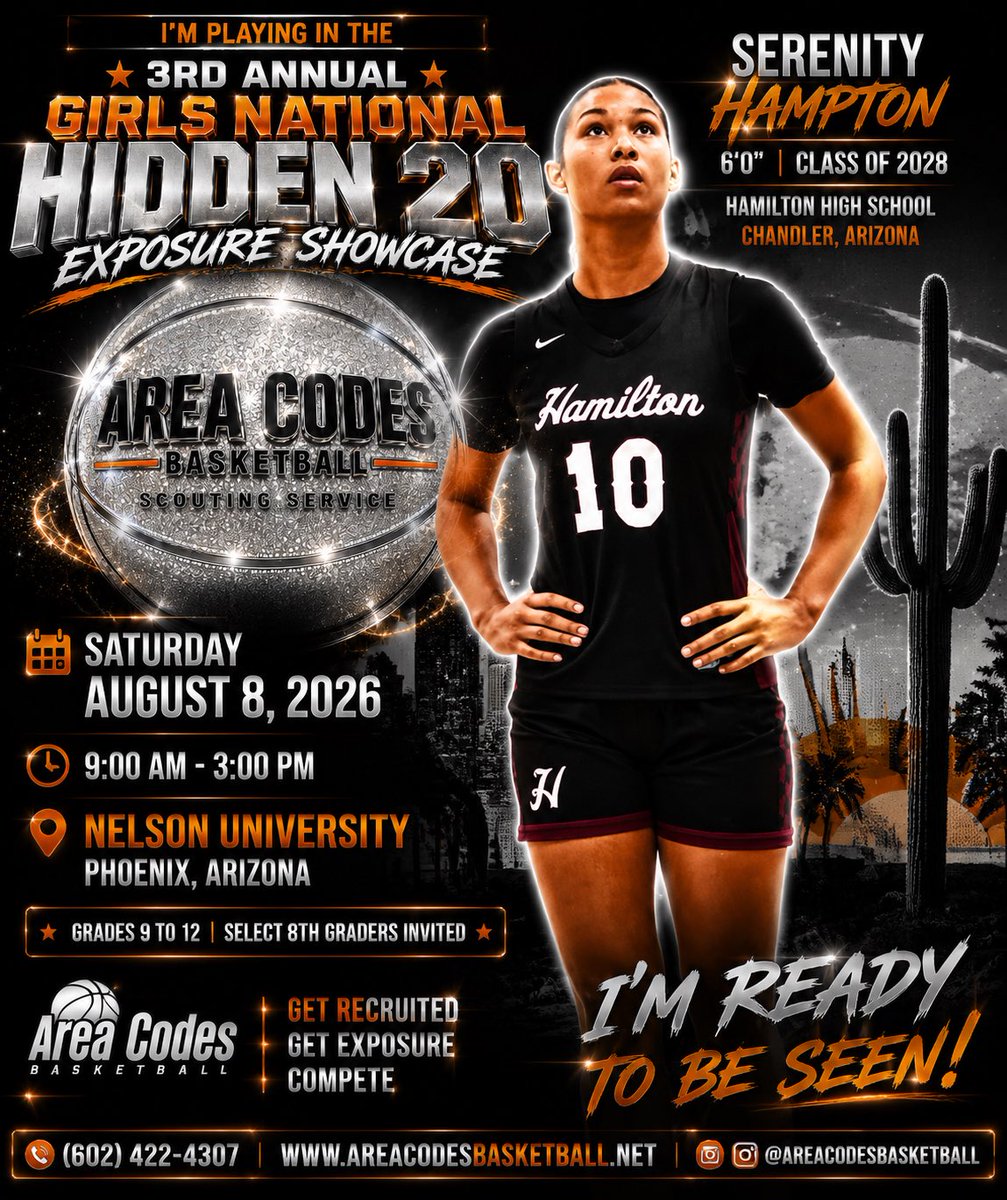 areacodes's tweet photo. Confirm to play in my 3rd Annual Girls National Hidden 20 Exposure showcase this weekend in Phoenix is 6’0 2028 wing-guard Serenity Hampton from Hamilton high school in Chandler, Arizona.
https://t.co/mvFixTZsMi https://t.co/8hdU9V7OCc