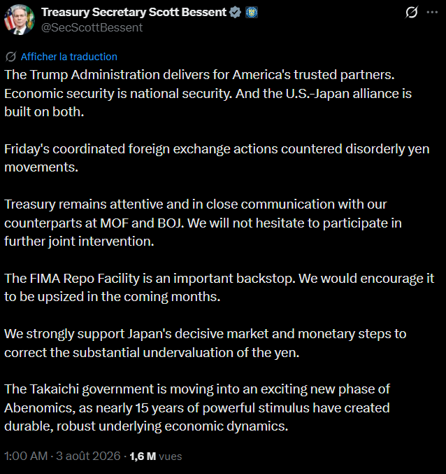 finneko_prgrm's tweet photo. 🚨 Bessent remet encore une sacrée couche ce matin et il faut bien mesurer ce qui se passe. Les États-Unis ont envoyé au marché le signal qu’ils étaient prêts à défendre activement la stabilité monétaire du Japon et la réussite de son projet économique.

🇯🇵 Le tweet de Bessent est extrêmement important parce qu’il confirme que le Trésor américain restera mobilisé pour le yen, qu’il n’hésitera pas à participer à de nouvelles interventions conjointes et qu’il souhaite même que la FIMA Repo Facility soit renforcée. Pour faire simple, les autorités japonaises pourraient mobiliser plus facilement leurs actifs en dollars afin d’obtenir des liquidités et d’intervenir sur le yen, sans être contraintes de vendre brutalement de la dette américaine sur le marché. C’est extrêmement intelligent car les États-Unis aident le Japon à attaquer la spéculation sur le yen tout en protégeant son propre marché obligataire. Quitte à sacrifier la politique du dollar fort...

⚠️ Désormais, le marché doit intégrer la possibilité de se retrouver face au Japon, au Trésor américain, à la Fed de New York et à des outils de liquidité potentiellement renforcés. On ne parle pas de taux de change garanti mais l'histoire n'est plus la même. Continuer à vendre agressivement le yen devient beaucoup plus dangereux quand on sait que deux des plus grandes puissances financières mondiales peuvent intervenir ensemble et sans préavis.

🧐 A mes yeux, le dernier paragraphe du tweet est le plus important. Bessent valide politiquement la trajectoire économique du gouvernement Takaichi. C’est presque un adoubement officiel où on explique que le Japon n’est pas un pays arrivé au bout de son modèle, mais est un allié stratégique qui entre dans une nouvelle phase de développement. Cela réduit clairement la probabilité que les États-Unis restent passifs face à une crise japonaise.

🤔 D'ailleurs, cette possibilité m'avait déjà poussé à regarder, depuis un moment, les entreprises directement liées aux priorités budgétaires et stratégiques de l’État japonais. Le nucléaire est un bon exemple sachant que le Japon cherche à renforcer sa sécurité énergétique, à réduire sa dépendance aux importations de gaz et de pétrole, à redémarrer davantage de réacteurs et à reconstruire une chaîne industrielle nucléaire crédible. Une stratégie qui s’inscrit dans la logique américaine de sécurité économique et de sécurité nationale. Du coup, vous aurez compris le principe : les États-Unis et le Japon cherchent à bâtir des chaînes d’approvisionnement alliées dans le nucléaire, les composants critiques, les petits réacteurs modulaires, l’ingénierie et la maintenance, afin de réduire leur dépendance à la Chine et à la Russie.

🇦🇷 Tout cela me rappelle le parallèle avec l’Argentine. Trump entretient une relation politique extrêmement forte avec Milei, et Washington considère la réussite de son programme comme un enjeu idéologique et géopolitique. Les États-Unis veulent faire de l’Argentine une vitrine des réformes libérales en Amérique latine, mais aussi un partenaire sur les minerais critiques, l’énergie, l’agriculture et la sécurité régionale. Le FMI reste également engagé, et tout indique que l’administration américaine ne souhaite pas voir Milei échouer à cause d’une crise de liquidité ou d’un accident financier évitable.

🤷‍♂️ Je pense vraiment qu'il devient dangereux de shorter frontalement le projet politique de ces deux pays. Les États-Unis semblent prêts à empêcher qu’un choc de liquidité, une crise de change ou une attaque spéculative ne fasse dérailler des gouvernements qu’ils considèrent comme stratégiquement utiles. On réduit clairement le risque extrême et on modifie la distribution des scénarios. J'avais changé beaucoup d'euros en yens depuis avril mais je n’avais pas anticipé une implication américaine aussi directe. C'est assez historique ce qui se passe.

D'ailleurs, quand les États-Unis commencent à traiter la sécurité économique de leurs partenaires comme une extension de leur propre sécurité nationale, j'estime qu'il ne faut pas être sur leur chemin.